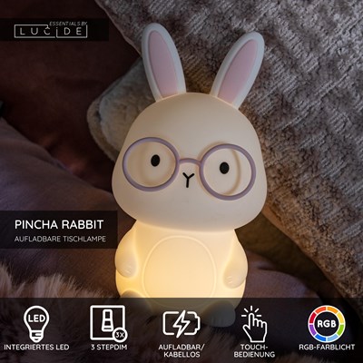 Lucide PINCHA RABBIT - wiederaufladbare Tischlampe Kinderzimmer - Akku/Batterie - LED 3 StepDim - Rgb - Weiß | Essential